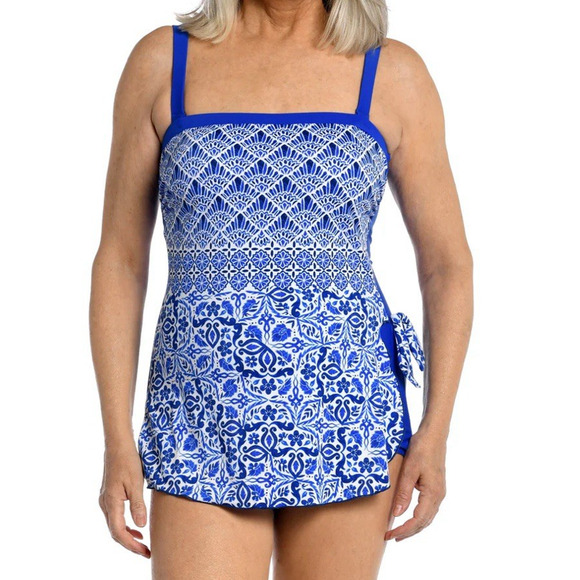 Maxine Of Hollywood Swimsuit Womens 16 Blue Sarong Tummy Control One Piece - Picture 1 of 9